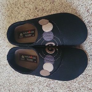 Haflinger black wool clogs with geometric pattern, size 38